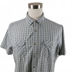 PD&C Mens Cotton Short Sleeve Button Down Gray Navy Blue Plaid Dress Shirt XL
